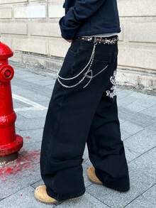 1pc Casual Loose Fit Embroidered Straight Leg Jeans, Versatile American Streetwear Style For Men, All Season (Excluding Belt And Accessories) - الأسود - مشاهدة 3
