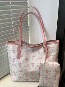 1pc Fashion Contrast Color Bow Print Shoulder Bag, Minimalist Lightweight, Multi-Pocket Design, Large Capacity, With Laptop Compartment - White - View 4