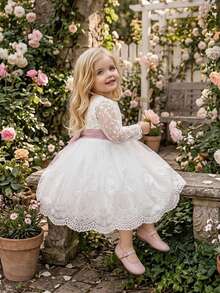 Baby Girls Lace Long Sleeve Embroidered Back V-Neck Puff Tulle Elegant Gorgeous Princess Dress Flower Girl Gown Suitable For 1st Birthday Party Baptism Holiday Ball - White - View 7