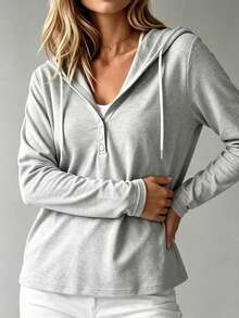 New Elegant Plus Size Women's Solid Color Button Hooded Drawstring Sweatshirt, Suitable For Daily Wear, Versatile Commute Long Sleeve Top - Light Grey - View 3