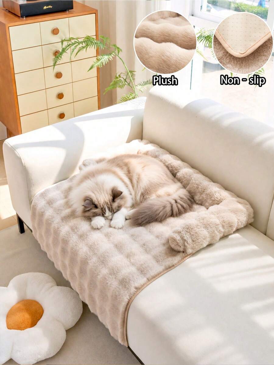 Faux Rabbit Fur Pet Sofa Pad, Pet Sofa Accessory, Thickened Pet Bed-Style Sofa Cushion, Pet-Friendly Sofa Seat Pad, Non-Slip Bottom, Easy To Clean, Suitable For Cats And Dogs - Khaki - View 1