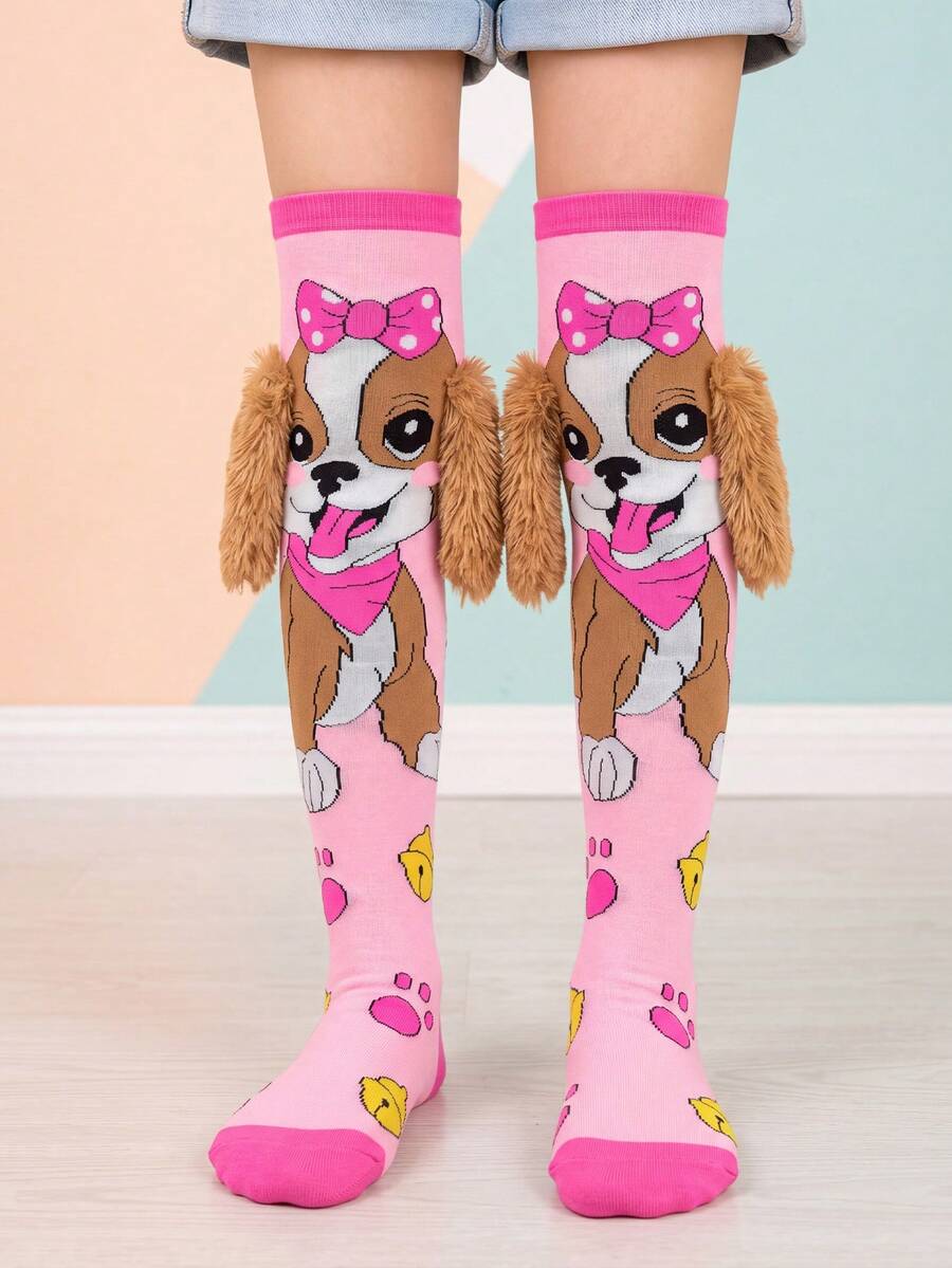 Girls' Fun Knee-High Socks With 3D Fuzzy Dog Ear Pattern And Cute Puppy Bow Design, Perfect For Birthday Parties Or Role Play Activities - Multicolor - View 1