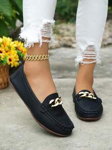 Women's Spring New Arrival Gold Chain Decor Slip-On Loafers, Light Weight Comfortable Versatile Rubber Flat Shoes - Black-two-tone - View 3