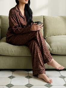 Cirelle Brown Leopard Print Jacquard Women's Long Sleeve Long Pants Pajama Set - Brown - View 4