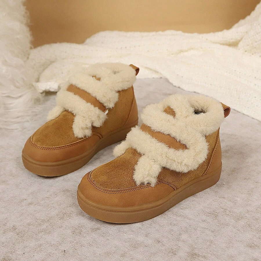 Children's Winter Thermal Lined Furry Ankle Boots, Double Hook And Loop Soft Sole Anti-Slip Snow Winter Shoes, Girls' Warm Boots In Maillard Color Palette - Brown - View 1