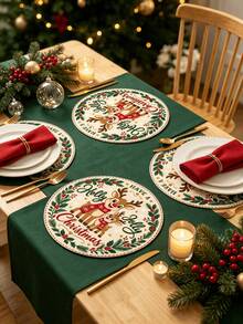 1/2/4pcs Christmas Placemats, Reindeer And Berry Elements, Round Design, Linen Material, Suitable For Christmas Decoration, Family Gatherings, Parties, Table Decor, Holiday Decor, Indoor Decor. - Multiple Styles - View 4