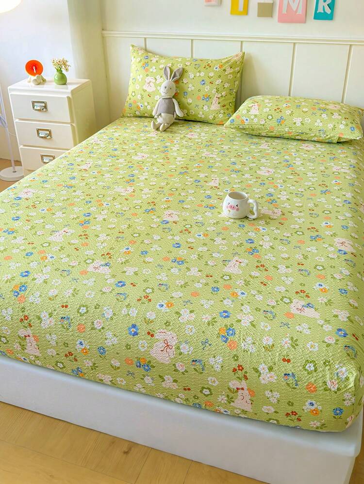 3-Piece Light Green Ditsy Floral Cute Rabbit Print Bedding Set, Soft Comfortable Bubble Gauze Texture, Includes 1 Fitted Sheet And 2 Pillowcases, No Filling, Suitable For Dorm, Bedroom, Home Use, Multiple Sizes Available, All Season - Lime Green - View 7