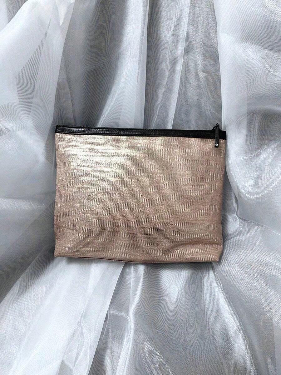 Portable Champagne Gold Travel Makeup Bag With 3 Embossed Logo, Toiletry Storage Cosmetic Bag For Personal Use Or Gift - Lancôme Makeup Bag - Champagne - View 1