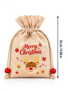 5PCS Christmas Gift Bags, Drawstring Holiday Treat Bags, Santa Snowman Reindeer Bear Print, Candy Gift Packaging, Christmas Party Favor Bags - View 3
