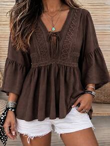 Rusttydustty Atasan Wanita Ukuran Besar Warna Cokelat Kerah V dengan Tali dan Patchwork Renda Gaya Bohemian untuk Liburan, Cocok untuk Musim Gugur/Dingin, Kostum Halloween - Coklat - View 4