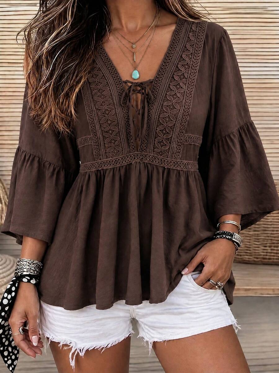 Rusttydustty Women's Plus Size Brown V-Neck Tie Lace Patchwork Bohemian Vacation Style Top, Suitable For Autumn/Winter, Halloween Outfit - Brown - View 1