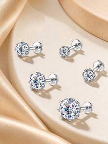 1 pieza Pendientes de botón de mujer de plata de ley 925 con moissanita, pendientes de cartílago redondos, diseño de espalda plana, adecuados para uso diario, boda, compromiso, joyería fina - Plateado - Ver 9
