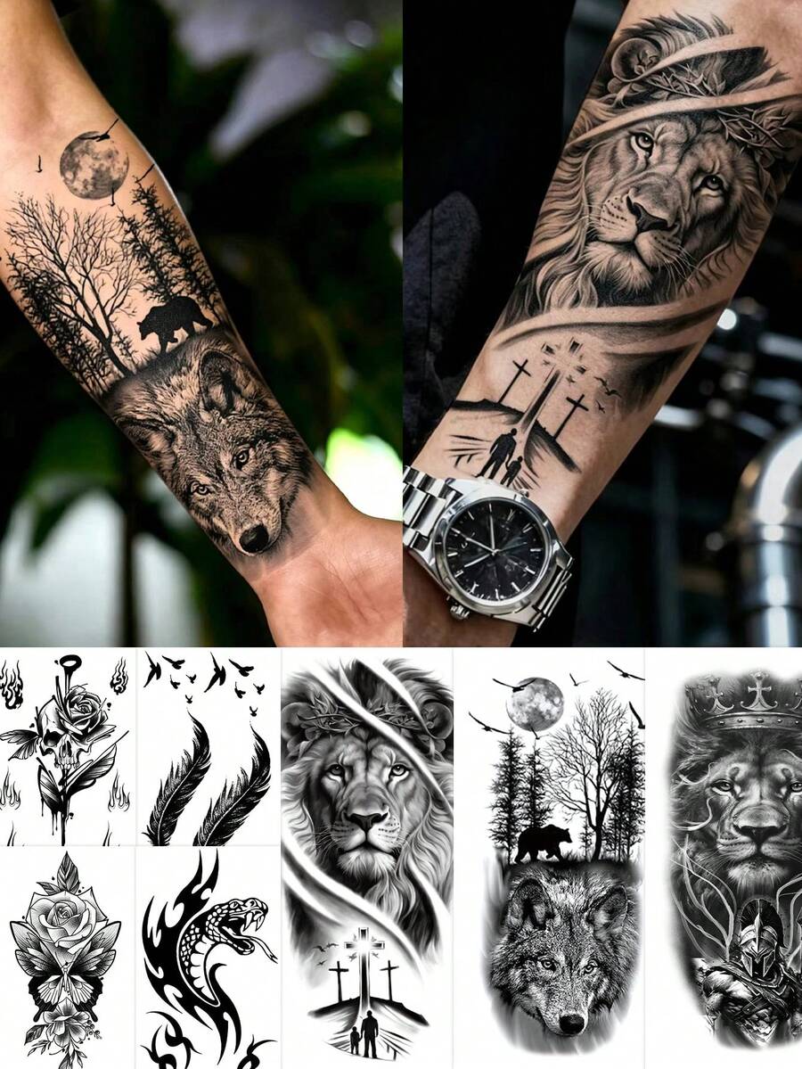 7pcs Men's Temporary Tattoo Stickers, Large Half-Arm Animal & Small Totem Design Set, Realistic Wolf Head, Lion, Dragon, Compass, Skull, Snake Pattern, Waterproof & Scratch-Resistant, Suitable For Men's Arms, Legs, Wrists, Ideal For Parties, Nightclubs, Festivals And Daily Decoration - Halloween - View 1