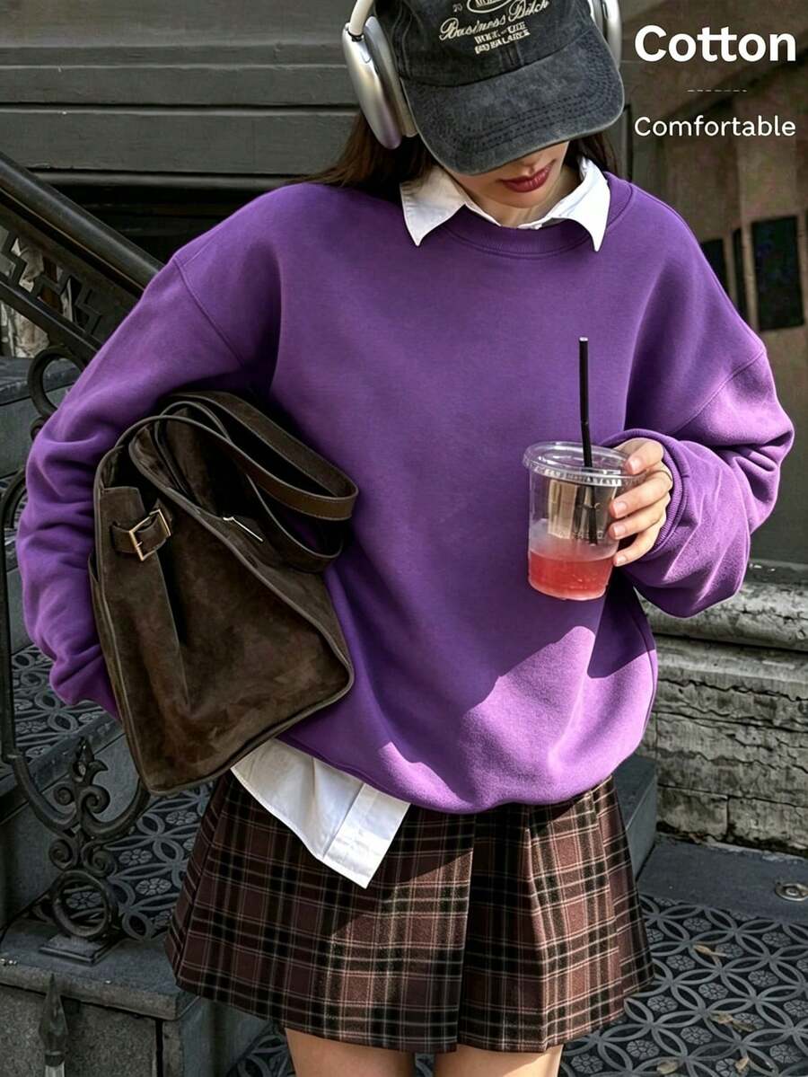 Women's Loose Fit Knitted Fabric Sweatshirt,Purple Drop Shoulder Long Sleeve Round Neck Pullover For Everyday Comfort,Autumn Winte Y2K Street Outings