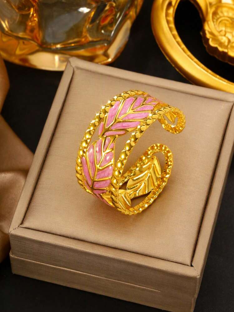 VceTd 1pc Naturalist Series Stainless Steel Leaf Design Bracelet For Women, Suitable For Daily Wear Or Travel And Vacation - Yellow Gold - View 8