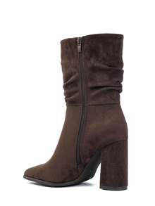 Mid-Calf Pleated Suede Ankle Boots With High Heels – - Brown - View 4