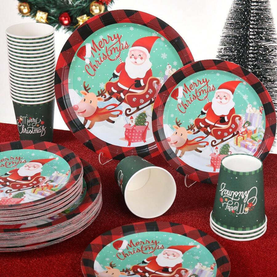 10/30/50pcs Christmas Disposable Paper Tableware Set (Includes 7-Inch And 9-Inch Plates, Paper Cups, Featuring Santa Claus, Reindeer, Sleigh, Gift And Mint Green Buffalo Plaid Design, Suitable For Christmas Party, Holiday Dinner, Winter Celebration And Holiday Table Setting) - Multicolor - View 1