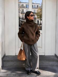 Women's New Solid Color Retro Double-Breasted High Neck Coat, Autumn/Winter Commuter Jacket - Chocolate Brown - View 2