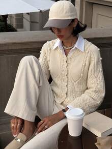 Women's Lace Trim Button Knit Cardigan, Comfortable Cable Knit Sweater, Suitable For Autumn/Winter, Thanksgiving, Halloween, Christmas - White - View 4