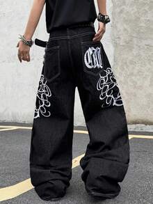 1pc Casual Loose Fit Embroidered Straight Leg Jeans, American Street Style, Suitable For All Seasons, No Belt & Accessories - الأسود - مشاهدة 7