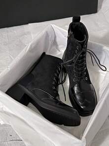 Women's New Autumn/Winter Ankle Boots, Wedge Heel High Heels, Lace-Up British Style Boots - Black - View 4
