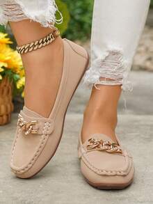 Women's Spring New Gold Chain Elegant Slip-On Loafers, Lightweight Comfortable Versatile Rubber Flat Shoes - Khaki-chain - View 5