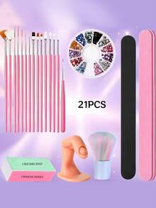 21Pcs Versatile Manicure Supply Set With Drawing Brushes Decorative Gems Polishing Strips Dust Remover Brush For Various Nail Craft Work - Multicolor - View 1