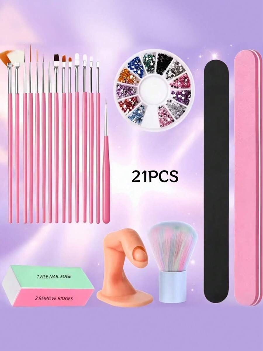 21Pcs Versatile Manicure Supply Set With Drawing Brushes Decorative Gems Polishing Strips Dust Remover Brush For Various Nail Craft Work - Multicolor - View 1