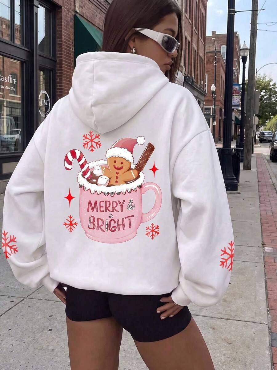 Women's White Christmas Gingerbread Man Print Long Sleeve Sweatshirt, Ribbed Knit Details, Winter Warm Lining Pullover - White - View 1