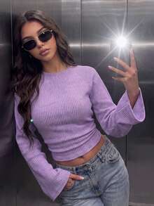 Women's Casual Faux Sweater Batwing Sleeve Cinched Waist Slim Fit Cropped Top, Suitable For Daily Wear, Autumn/Winter, Winter/Autumn Outfits, Going Out - Purple - View 5