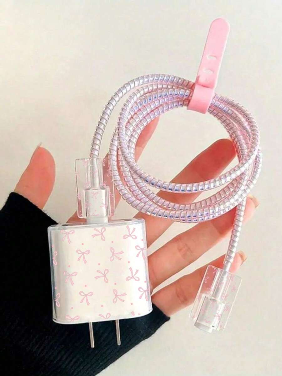 1 Set Ins Cute Cartoon Print Data Cable Protector Set, High-Definition Transparent Print, Girly Style Compatible With Apple 18W/20W PD Fast Charging, Holiday Small Gift, Cute Japanese And Korean Style For Girlfriend And Best Friend - Pink Butterfly Dots - View 1