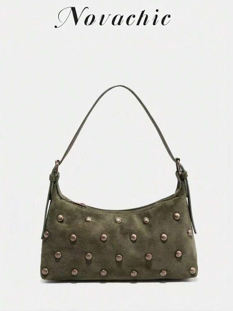 Novachic, 26 New Season, 1PC Vintage Rivet Decor, Zipper Closure, Adjustable Shoulder Strap, Women's Underarm Bag, Shoulder Bag. Suitable For Multiple Occasions - Dark Green - View 1