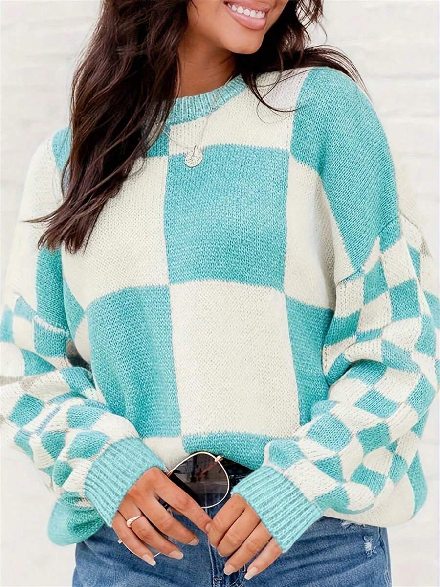 Plus Size Women Plaid Print Crew Neck Loose Casual Pullover Sweater, Autumn/Winter Fall - Mint Blue - View 1