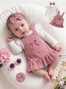 Baby Girl 3-Piece Set For Spring/Autumn: White Ruffle Sleeve Bodysuit + Pink Floral Ruffle Hem Suspender Dress, Comes With Matching Hair Accessory - Pink - View 1