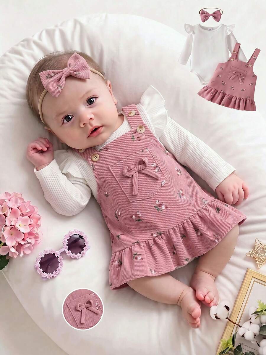 Baby Girl 3-Piece Set For Spring/Autumn: White Ruffle Sleeve Bodysuit + Pink Floral Ruffle Hem Suspender Dress, Comes With Matching Hair Accessory - Pink - View 1