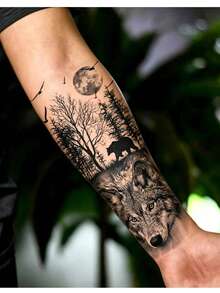 7pcs Men's Temporary Tattoo Stickers, Large Half-Arm Animal & Small Totem Design Set, Realistic Wolf Head, Lion, Dragon, Compass, Skull, Snake Pattern, Waterproof & Scratch-Resistant, Suitable For Men's Arms, Legs, Wrists, Ideal For Parties, Nightclubs, Festivals And Daily Decoration - Halloween - View 4