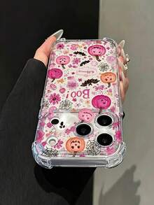 Phone Case - [2D Printed] Compatible With IPhone 18/18 Pro/18 Pro Max/17/17 Pro/17 Pro Max/16/15/14/13/12 Series, Pink Floral Boo Slogan Ghost Pumpkin Sweet Halloween Pattern Transparent Four-Corner Shockproof Phone Case, Lightweight And Protective, Unisex, Suitable For Daily Use - Clear - View 4