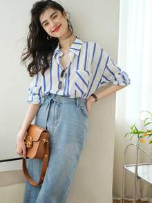 YUXIN Women's French Style Blue Stripe Shirt Oversized Collared Button Up Long Sleeve Fresh Casual Top For Vacation Date Weekend Office Fall Wear - Blue - View 11
