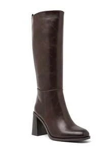 Smooth Faux Leather Block Heel Knee-High Boots – - Brown - View 2