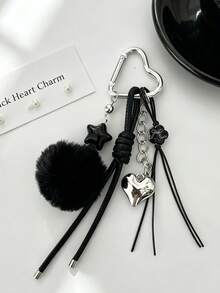 Korean Ins Style Black Pom Pom Keychain, Heart Clasp Braided Rope Bag Charm Accessory - Multicolor - View 8