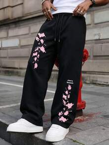SU ER Men's Summer Casual Drawstring Elastic Waist Loose Draped Lazy Wide Leg Curved Hem Long Pants - Black - View 3