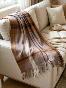 1pc Vintage British Check Fringe Scarf, Classic Check Pattern Warm Shawl Suitable For Both Men And Women, Ideal For Daily Wear And Accessories. - Camel - View 2