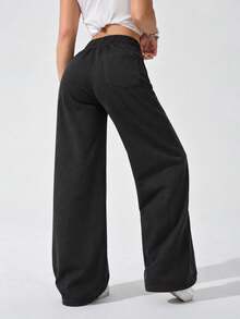 Women's Black Casual Wide Leg Pants Elastic Waist Adjustable Drawstring Relaxed Loose Fit Full Length Everyday Trousers - Black - View 5