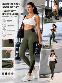 Women's High Waist Mesh Patchwork Pocket Sports Leggings, Colorblock Split Design Fitness Yoga Pants, Butt-Lifting High Elasticity Workout Tight Pants For Gym, Running, Casual Wear - Army Green - View 5