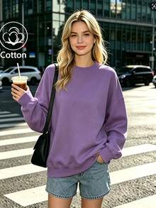 Casual Women's Cotton Blend Long Sleeve Round Neck Rib-Knit Pullover Sweatshirt, Regular Fit Fall Winter Essential - Deep Purple - View 1