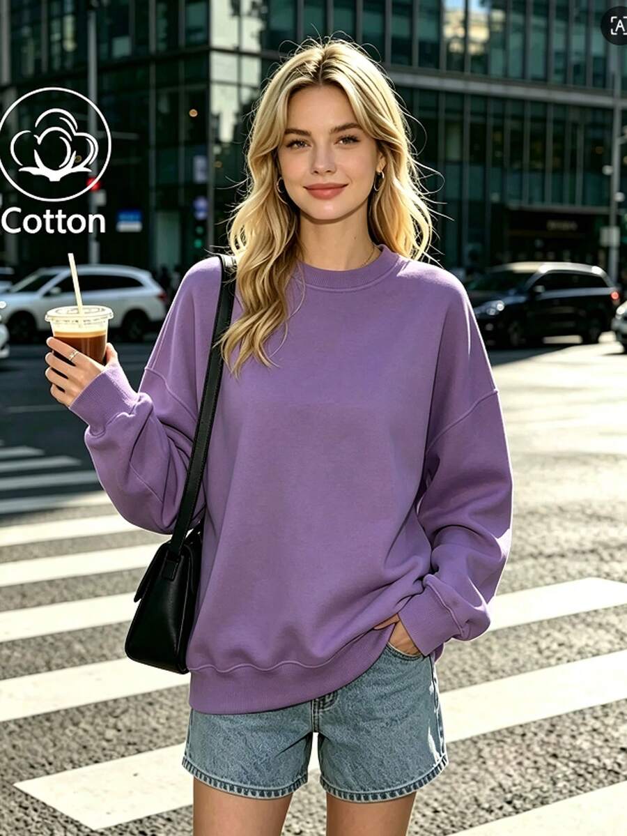 Casual Women's Cotton Blend Long Sleeve Round Neck Rib-Knit Pullover Sweatshirt, Regular Fit Fall Winter Essential - Deep Purple - View 1