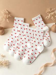 5 Pairs Sweet Red Heart All-Over Print Mid-Calf Socks, Simple White Heart Pattern Student Socks, Versatile Daily Wear Girls Socks - White - View 4