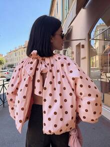 French Polka Dot Puff Sleeve Blouse, Elegant Back Bow Design Front Button-Up Top, Vacation Style Pink - Pink - View 2