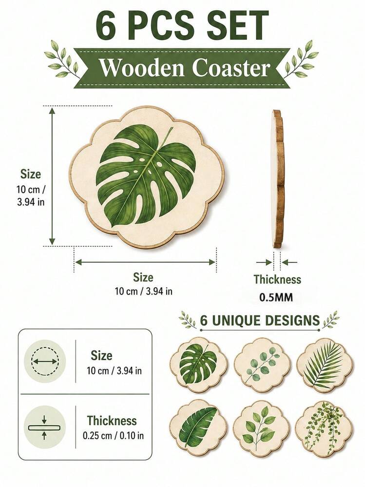 6pcs Set Plant Leaf Wooden Coasters, Flower-Shaped Beverage Coasters With Monstera Palm And Greenery Patterns, Bohemian Farmhouse Style Coffee Table Decor, Suitable For Home Kitchen Living Room, Housewarming Gift - Multicolor - View 6