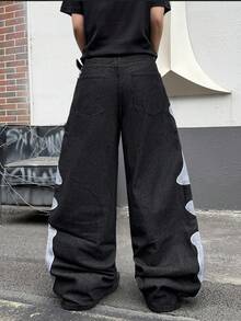1pc Casual Loose Fit Embroidered Wide Leg Jeans, Comfortable American Street Style Pants, Suitable For All Seasons (No Belt Or Accessories) - الأسود - مشاهدة 2